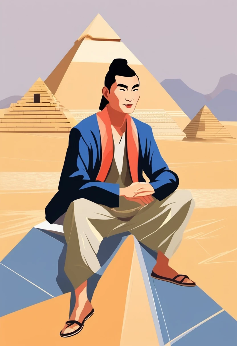 an asian man with casual cothes sits, with two pyramids behind him. vector style