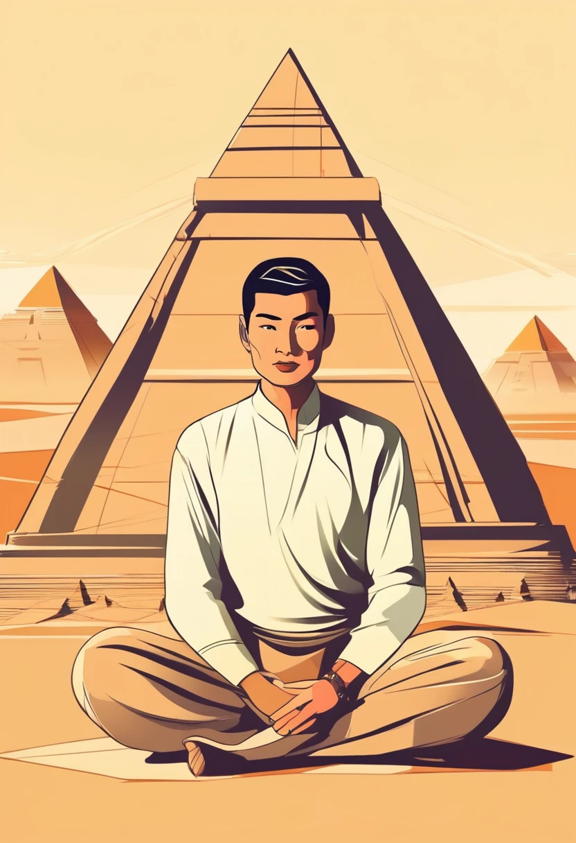 an asian man with casual cothes sits, with two pyramids behind him. vector style