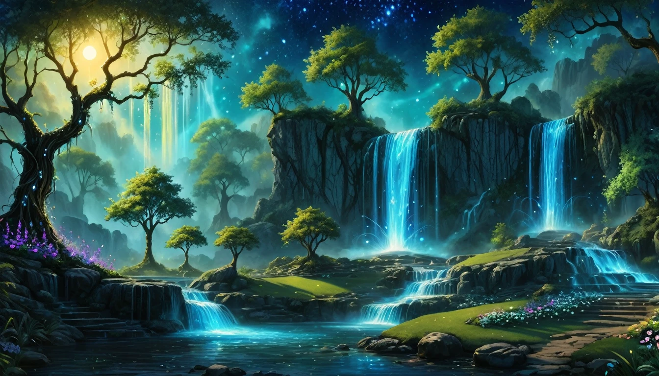 a painting of a nightime radiant high rocky waterfall and a large glowing magic tree in the leftside of a field, magical background, fantasy painting hd, background artwork, magical landscape, mystical fantasy landscape, water everwhere fantasy, magical glowing flower grasses environment, beautiful fantasy painting, fantasy art landscape, mystical setting, with trees and waterfalls, digital art fantasy, enchanted magical fantasy forest, beautiful detailed fantasy, magical forest backround