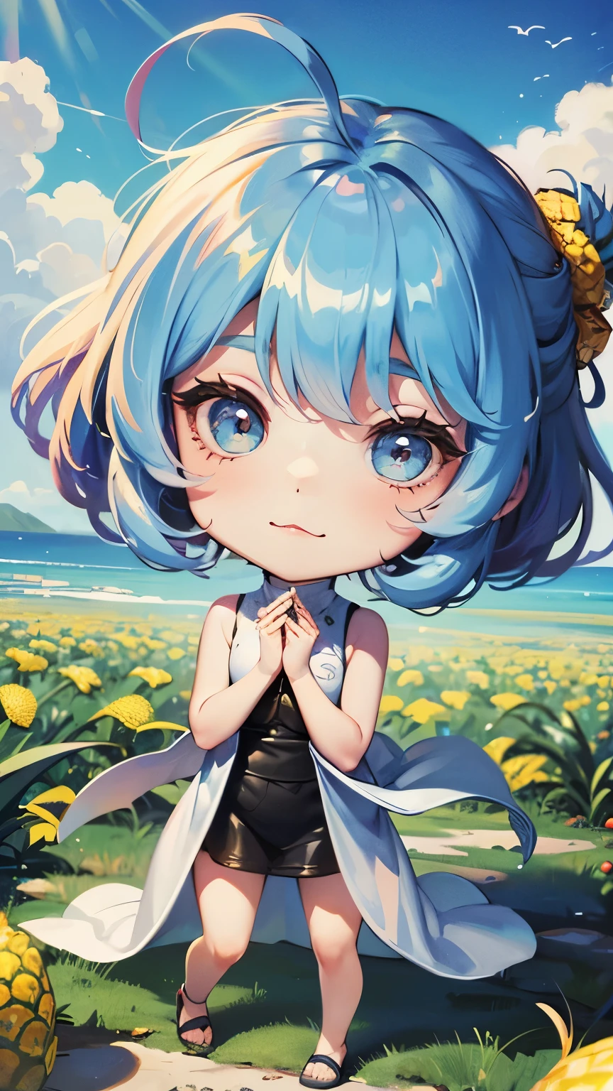 ((style:Colored pencil,pale colour)),(Chibi animation、One Chibi、masterpiece、Colored pencilで描かれた:1.2)、(Chibi Body、Small face、Cute all over、Light blue hair color, Short chignon hair:1.4),(Highly detailed eyes、Golden Eyes、Breast enlargement、Gloss Lip、 :3, Ahoge, Very thin legs)、(Big fresh pineapple:1.5)、(Sleeveless、Chibi Girl、Exposed Skin、sleeveless kimono:1.5),(festival、Look up at the sky、The wind is blowing、Highly detailed art gems:1.4)
