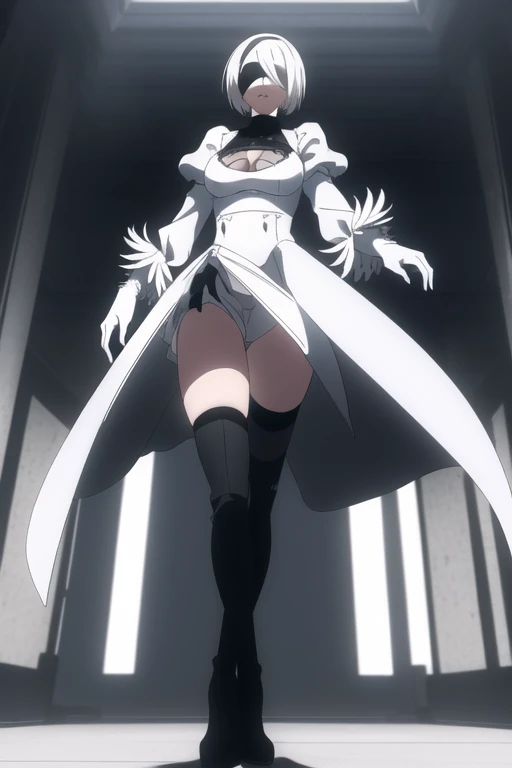 yorha no. 2 type b, white blindfold, white hairband, white dress, cleavage cutout, feather trimmed sleeves, black leotard, white gloves, black hair, long skirt, white skirt, thigh boots, room, long cape, 