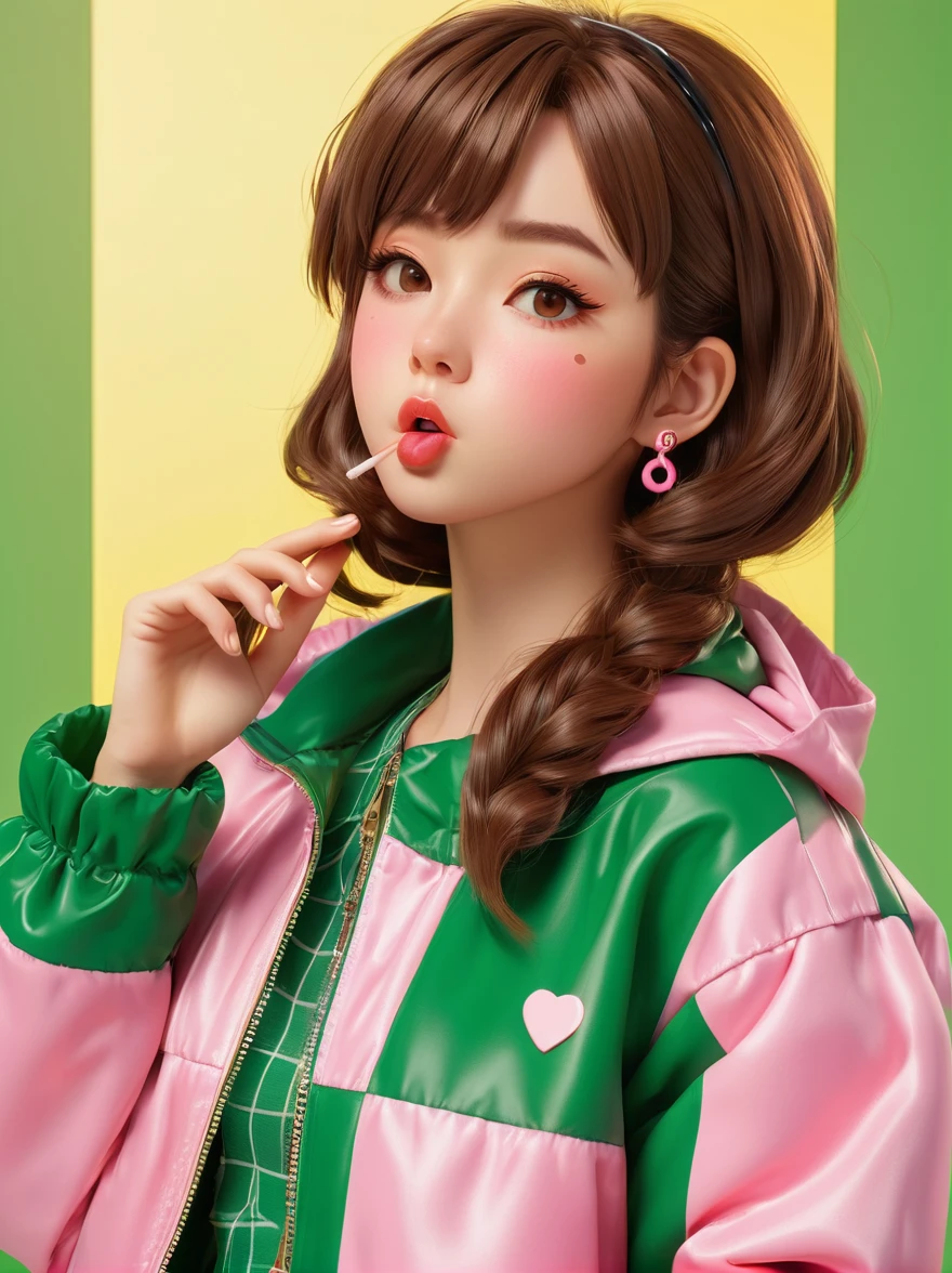 masterpiece，3D anime style girl with brown hair in a checkered outfit and green jacket. She has a pink nose ring and is blowing a kiss for the camera against a yellow background, created in the style of unreal engine, Cartoon Style, full-body shot, Super Detail, Anatomically correct, masterpiece, precise
