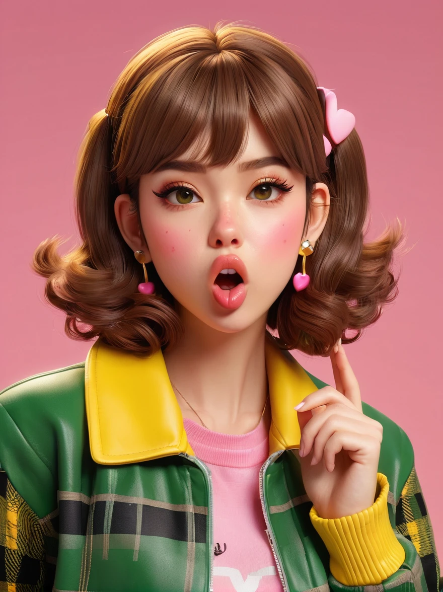 masterpiece，3D anime style girl with brown hair in a checkered outfit and green jacket. She has a pink nose ring and is blowing a kiss for the camera against a yellow background, created in the style of unreal engine, Cartoon Style, full-body shot, Super Detail, Anatomically correct, masterpiece, precise