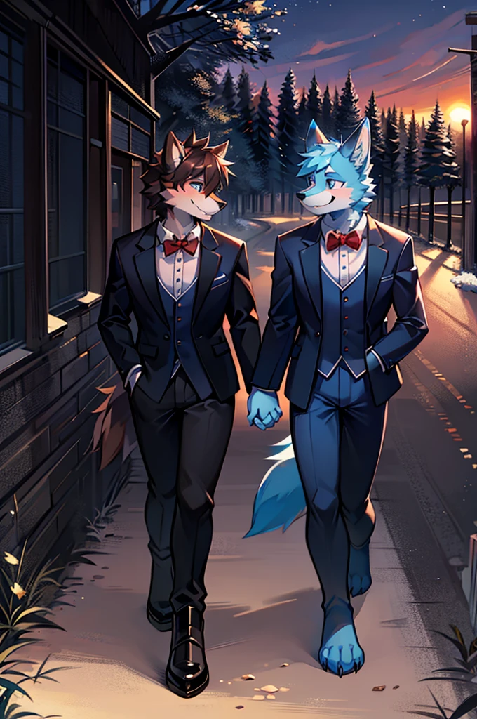 Beast,High School Students,Two wolves walking home together,There are trees along the road,Two wolves holding hands,A happy face,Dark blue fur,Handsome,Sunset
