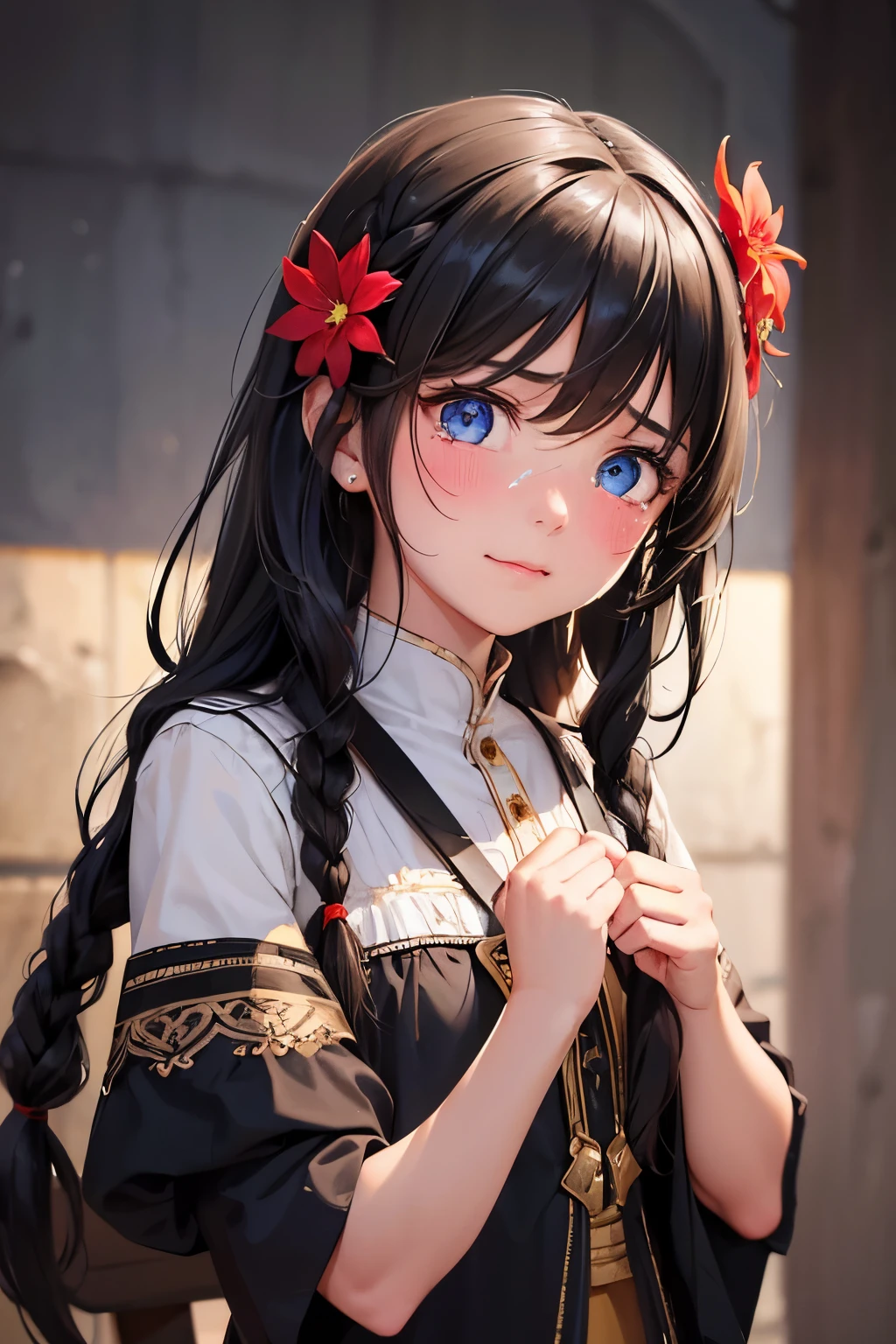 One girl, solo, Black Hair, Textured skin, Shallow brown hair, Braided long hair, blue eyes, Cry with your eyes open, Are crying, happiness/joy, I want to cry, Red face, happy tears, Character portrait, Aperture F2.8, Nikon, Hair Flower,