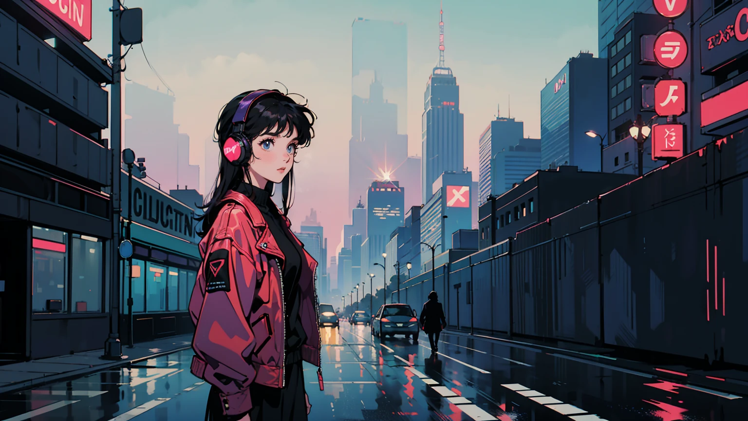 A rainy night in a neon-lit cyberpunk city, a 21-year-old woman with long hair in a vintage leather jacket stands at a crosswalk, her noise-canceling headphones tuned into a world of her own. She gazes at viewers, her expression a mix of wonder and melancholy. Around her, sleek vehicles glide past, neon signs flicker, and skyscrapers pierce the purple-blue sky. Despite the bustling city, she stands alone, caught between the past and the future.