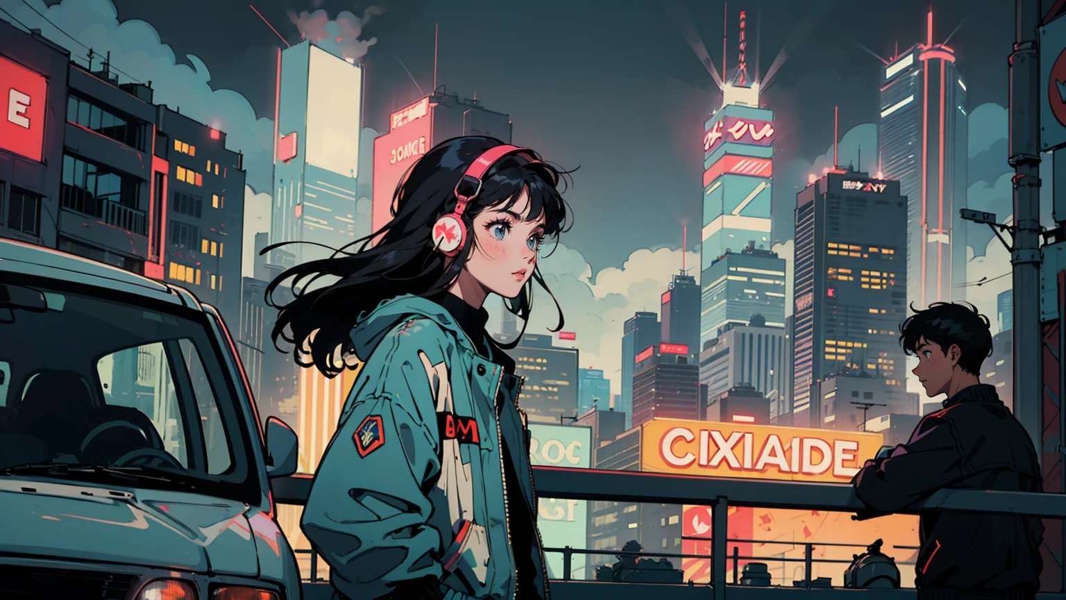 A rainy night in a neon-lit cyberpunk city, a 21-year-old woman with long hair in a vintage leather jacket stands at a crosswalk, her noise-canceling headphones tuned into a world of her own. She gazes at viewers, her expression a mix of wonder and melancholy. Around her, sleek vehicles glide past, neon signs flicker, and skyscrapers pierce the purple-blue sky. Despite the bustling city, she stands alone, caught between the past and the future.