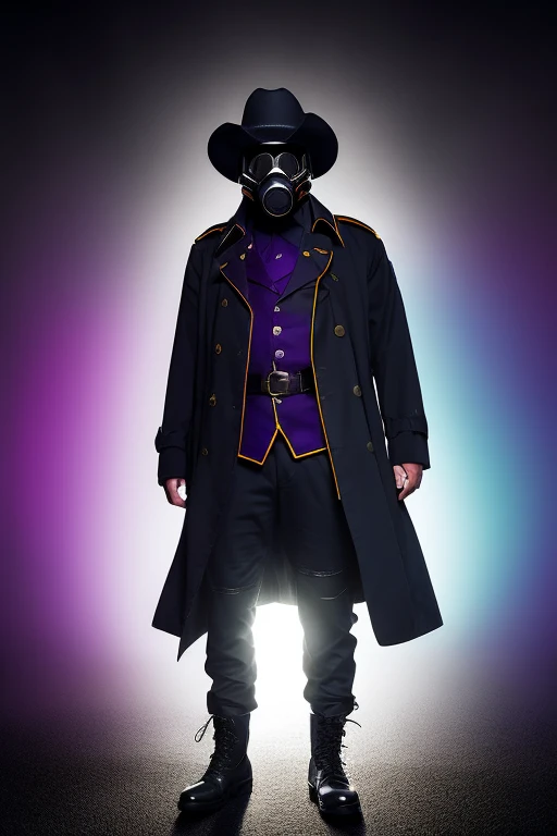 A tall man, using a black military trenchcoat, black cowboy hat, black military boots, gas mask, with glowing purple eyes.