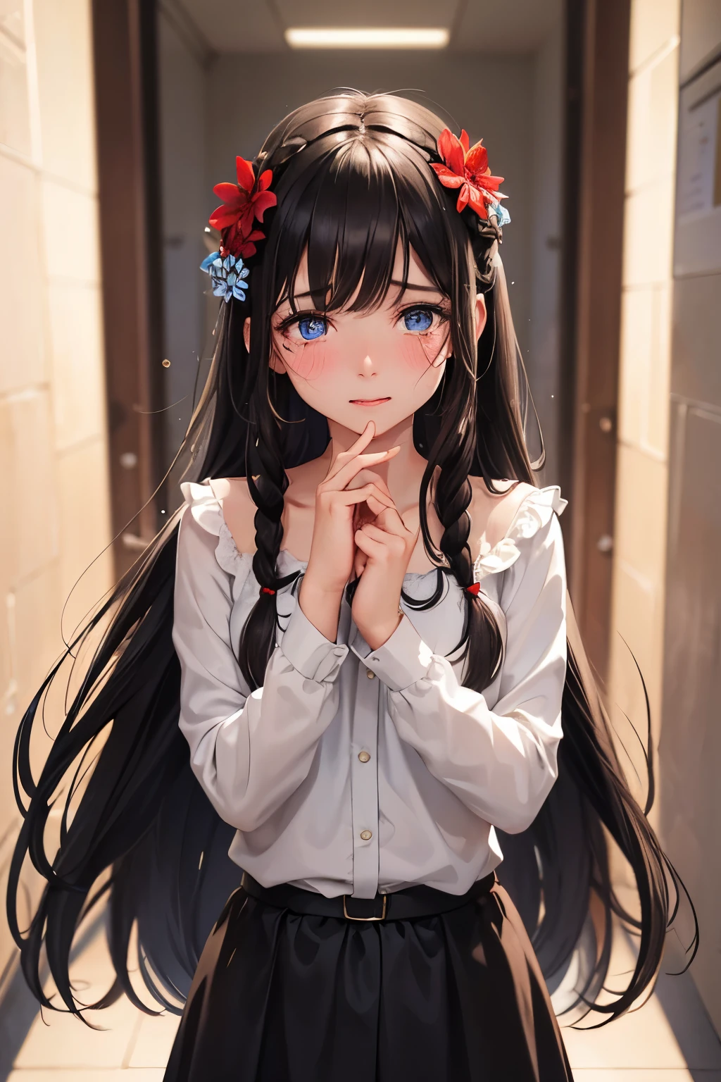 One girl, solo, Black Hair, Textured skin, Shallow brown hair, Braided long hair, blue eyes, Cry with your eyes open, Are crying, happiness/joy, I want to cry, Red face, happy tears, Character portrait, Aperture F2.8, Nikon, Hair Flower,