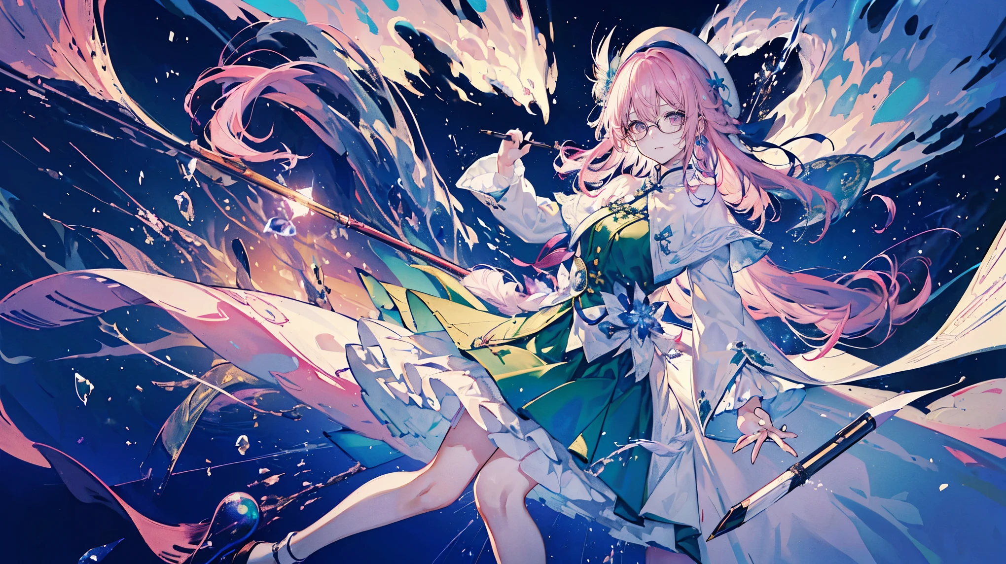 (Super detailed)),((illustration))，((masterpiece)),(((need))),((fine、Highest quality CG Unity 8K wallpapers，masterpiece），（（4K，masterpiece，best quality）），Woman with pink hairstyle，Long hair，writer，Wearing a beret，Eyes like sapphires，wearing glasses，noble，穿着white色布料做的朴素蓬松长裙，Wearing a green coat，穿着white色的小洋鞋，white，Medium breasts，坐在一个white色的长椅上低头沉思着，Stepping on the clouds，Mature and wise when meditating，Holding a feather pen in his right hand, he is creating，In a carriage，Outside is a universe filled with stars，individual，Full body picture