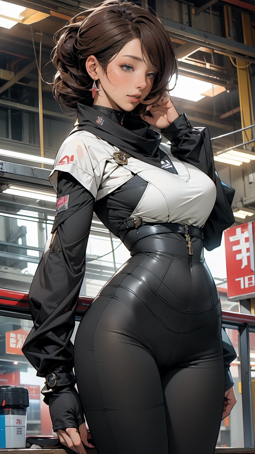 (highest quality, masterpiece:), ultra-high resolution, night, in the future city, Korean gravure model, 24 years old, tight, wearing a NijiMecha outfit, high leg, gigantic breasts, puffy nipple:1.4, skinny, bangs, long hair, light brown hair, chignon, choppy hair, unkempt hair:1.2, gorgeous earrings, beauty, embarrassed, blush:1.3, mature woman, please face forward and look at the camera