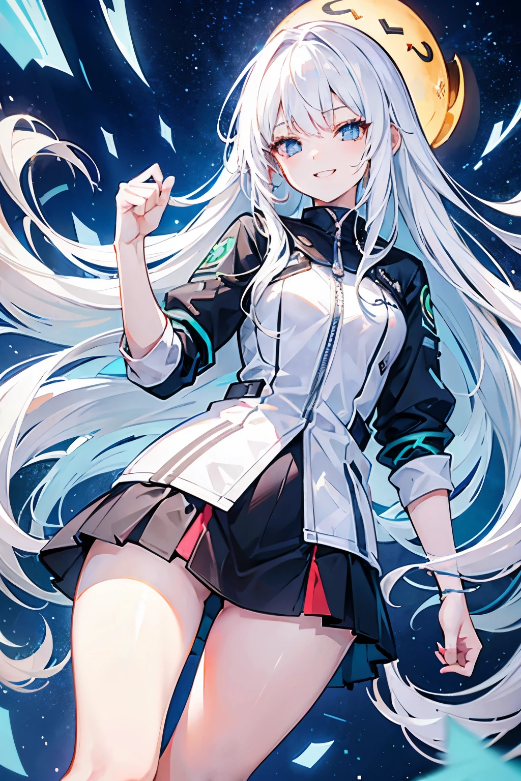 white hair, long straight hair, female, high school student, big smiling face, posture of making a fist, Wide-open eyes, dark eyes, using starlight, active attire, dynamic