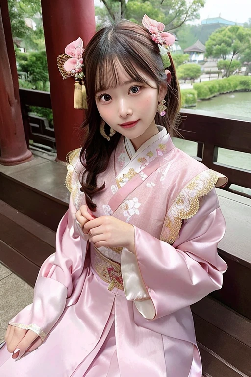 Highest quality, masterpiece, High resolution, One girl, ancient Chinese pink dress, Beautiful Face, Ancient Chinese Clothing, Bow without original photo, elegant, Noble, Crown, Thin legs, Fairy, hair accessory, alone, View your viewers, smile, shut up, lips, dress, hair accessory, necklace, jewelry, Long Hair, Earrings, architecture, east asian architecture