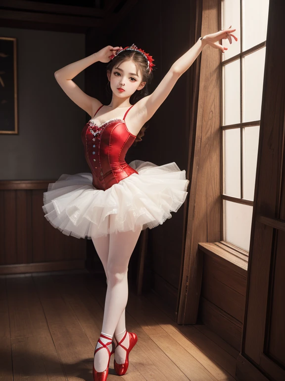(Highest quality、 8k 、masterpiece、High resolution)、(DEGAS、Dancer)、Ballet、(White toe shoes)、whole body、15 year old girl、(顔がcute、reddish、Red lips、Eyeliner)、Long legs、Good style、cute、Realistic、Realistic、Official Art、Detailed CG、