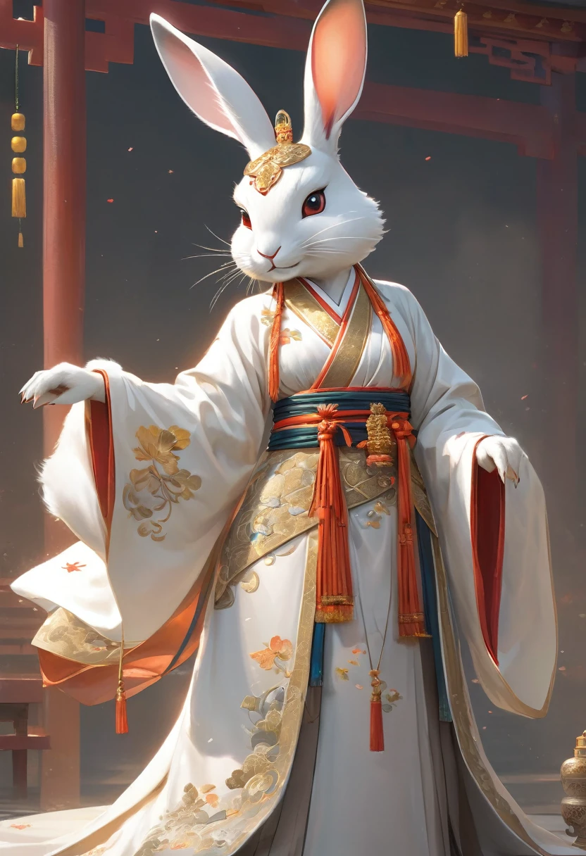 Full body realistic style photo of a Chinese rabbit standing looking viewer, Hands clasped in front, wearing a gold-colored embroidered cranes white hanfu cloth , (((rabbit face and head))), standing looking gently at the viewer, the background is shining and shining, very detailed, trending on the art station , long and very luxurious hanfu dress looks like a goddess descended from heaven, immortal goddes, eternal goddes, sharp focus, studio photo, very detailed, sharp face, sharp subject, detailed subject, furry humanoid, no human head, no human face, animal face , animal heads ,