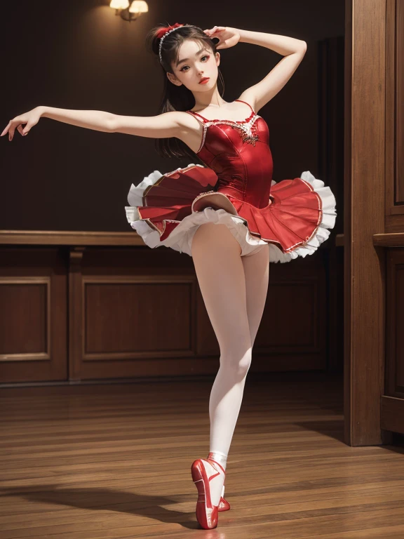 (Highest quality、 8k 、masterpiece、High resolution)、(DEGAS、Dancer)、Ballet、(White toe shoes)、whole body、15 year old girl、(顔がcute、reddish、Red lips、Eyeliner)、Long legs、Good style、cute、Realistic、Realistic、Official Art、Detailed CG、