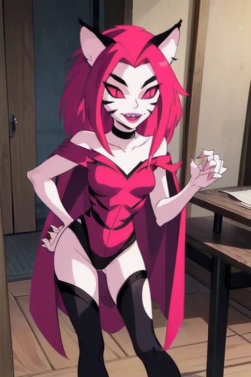 NyaNya,   1girl, solo, pink eyes, pink hair, pink skin, long hair, cat ears, pink sclera, cat tail, claws,  slit pupils, pink lips, whisker markings, pink leotard, fangs, bare shoulders, choker, black leggings, room, cape, cloak