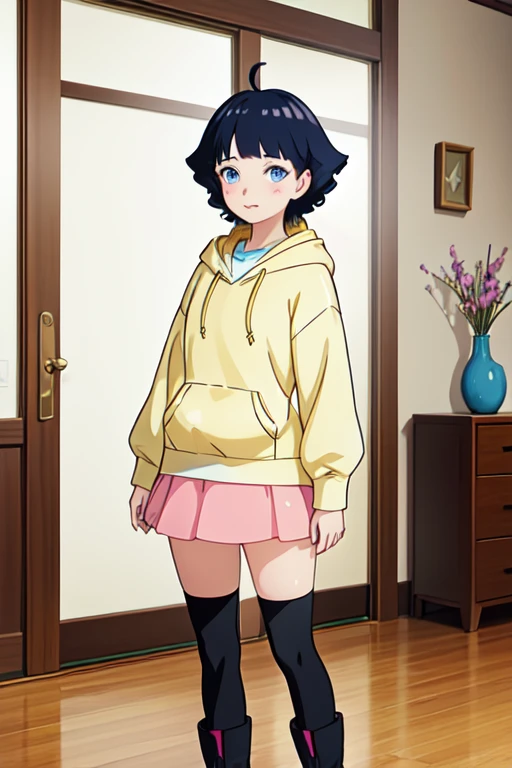 Full body, masterpiece, best quality, high Quality definition, high resolution, very high detailed, 1girl, himawari, hoodie, pink miniskirt, black stockings, indoors, Whisker Markings, perfect body, beautiful body, beautiful legs, anime screencap, anime screenshot, standing, boots, 