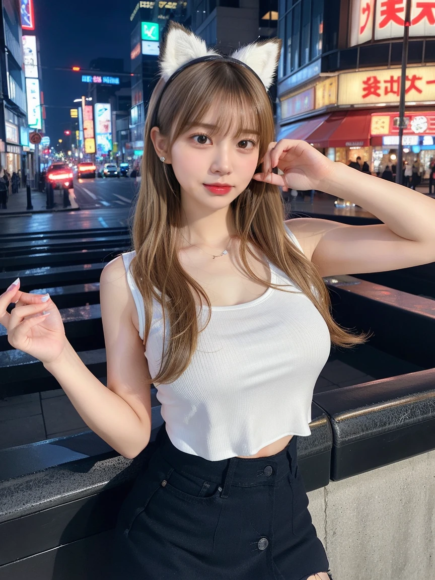 最high quality, masterpiece, 32K、Very detailed、Realistic、Four Girls, Japanese women、Cute Face, (photo Actual:1.3),Medium Hair(Blonde Hair Color、Great brown hairstyles)、Edge lighting, (Skin with attention to detail:1.2), 8k超High resolution, Single-lens reflex camera, high quality, High resolution, 4K, 8k, Optimal ratio of four fingers to one thumb, (Actual:1.3), cute Four Girls, Realistic、Super Realistic、32K、Very detailed、masterpiece, 最high quality, beautiful girl, beauty、Mecha, Beautiful lighting, (Neon Light:1.2), (night:1.5), K-POPアイドルコスチューム、White and light blue sleeveless outfit、Shorts、Large Breasts(big 、There is a valley)、french flag t-shirt、Light blue and black dancer skirt、fox ears headband、Are standing、Cyber Neon、Future City、Skyscraper、都会のnight、Shanghai、big cities、night景、綺麗なnight景