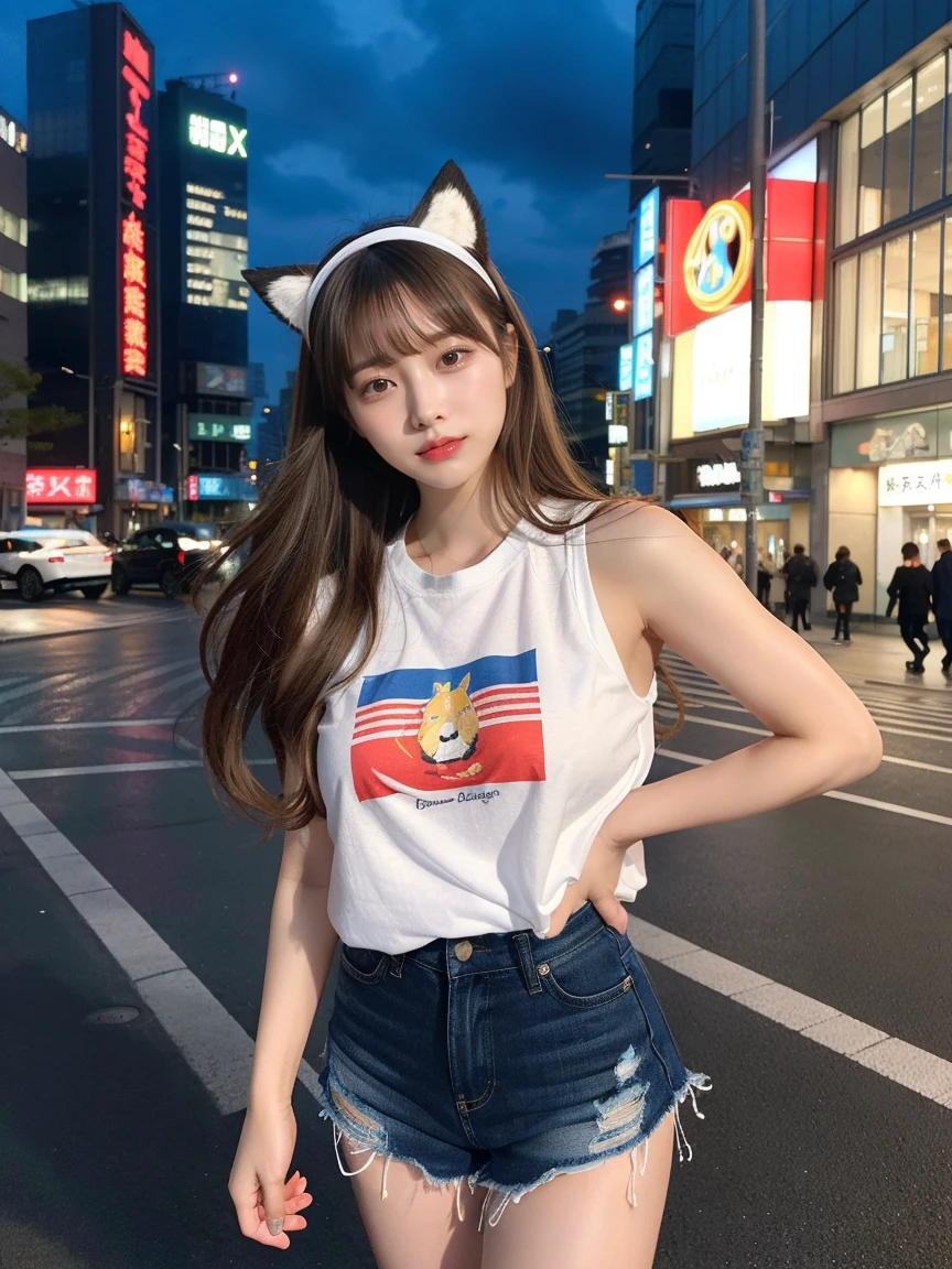 最high quality, masterpiece, 32K、Very detailed、Realistic、Four Girls, Japanese women、Cute Face, (photo Actual:1.3),Medium Hair(Blonde Hair Color、Great brown hairstyles)、Edge lighting, (Skin with attention to detail:1.2), 8k超High resolution, Single-lens reflex camera, high quality, High resolution, 4K, 8k, Optimal ratio of four fingers to one thumb, (Actual:1.3), cute Four Girls, Realistic、Super Realistic、32K、Very detailed、masterpiece, 最high quality, beautiful girl, beauty、Mecha, Beautiful lighting, (Neon Light:1.2), (night:1.5), K-POPアイドルコスチューム、White and light blue sleeveless outfit、Shorts、Large Breasts(big 、There is a valley)、french flag t-shirt、Light blue and black dancer skirt、fox ears headband、Are standing、Cyber Neon、Future City、Skyscraper、都会のnight、Shanghai、big cities、night景、綺麗なnight景