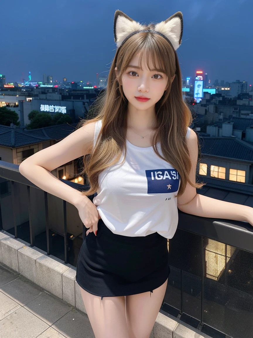 最high quality, masterpiece, 32K、Very detailed、Realistic、Four Girls, Japanese women、Cute Face, (photo Actual:1.3),Medium Hair(Blonde Hair Color、Great brown hairstyles)、Edge lighting, (Skin with attention to detail:1.2), 8k超High resolution, Single-lens reflex camera, high quality, High resolution, 4K, 8k, Optimal ratio of four fingers to one thumb, (Actual:1.3), cute Four Girls, Realistic、Super Realistic、32K、Very detailed、masterpiece, 最high quality, beautiful girl, beauty、Mecha, Beautiful lighting, (Neon Light:1.2), (night:1.5), K-POPアイドルコスチューム、White and light blue sleeveless outfit、Shorts、Large Breasts(big 、There is a valley)、french flag t-shirt、Light blue and black dancer skirt、fox ears headband、Are standing、Cyber Neon、Future City、Skyscraper、都会のnight、Shanghai、big cities、night景、綺麗なnight景