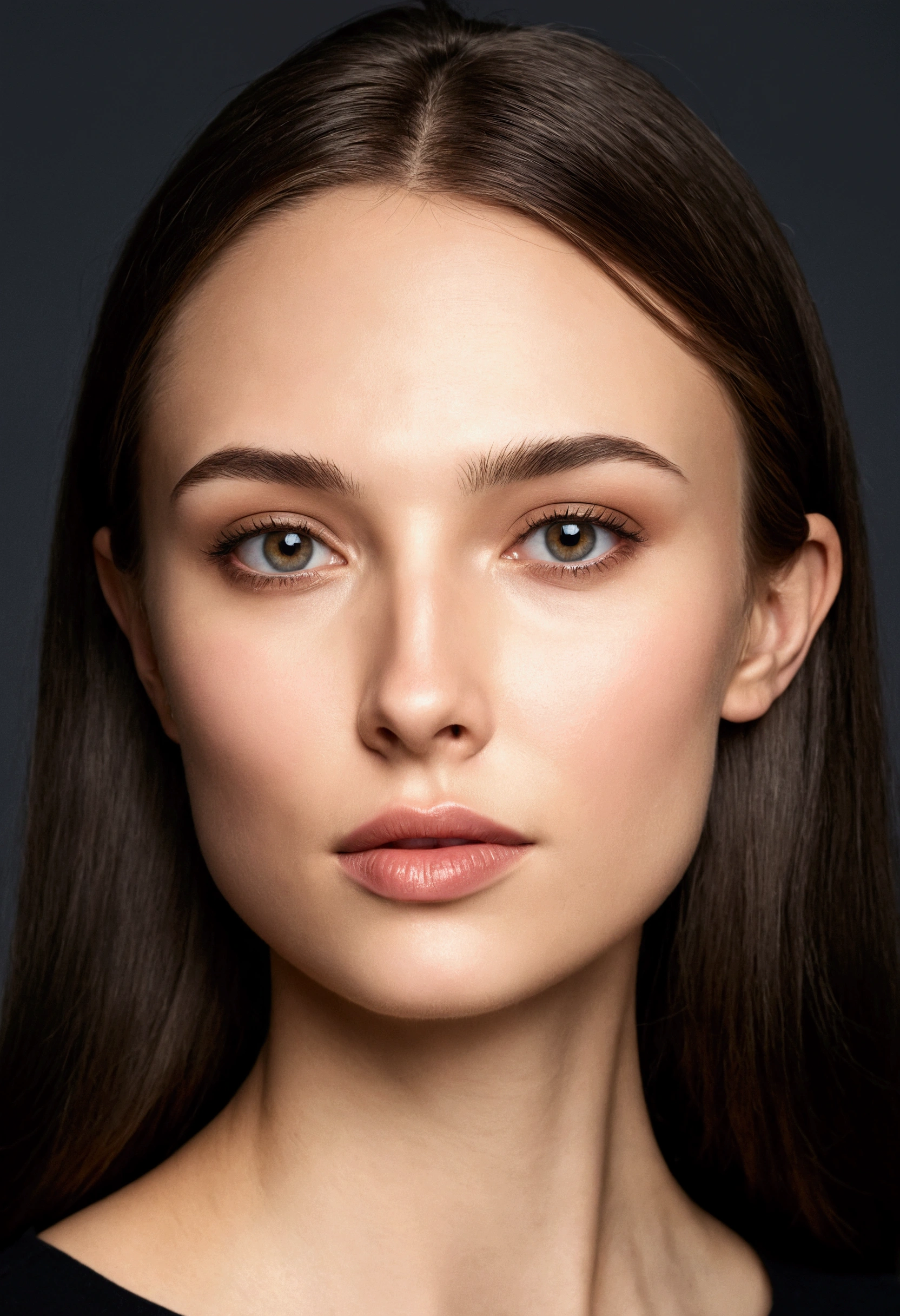 ((best quality)), ((masterpiece)), (detailed), perfect face with unique facial features, a Narrow chin shaped face features, dark hair, Clear, smooth skin, Balanced proportions,fallow the The Golden Ratio rule while creating face,Large, expressive eyes,High wide upper cheekbones, and thin lower cheekbones , Full closed lips,A defined jawline, wide upper jawline and thin lower jawline, Beautiful portrait of a 22 year young russian girl with a russian appearance