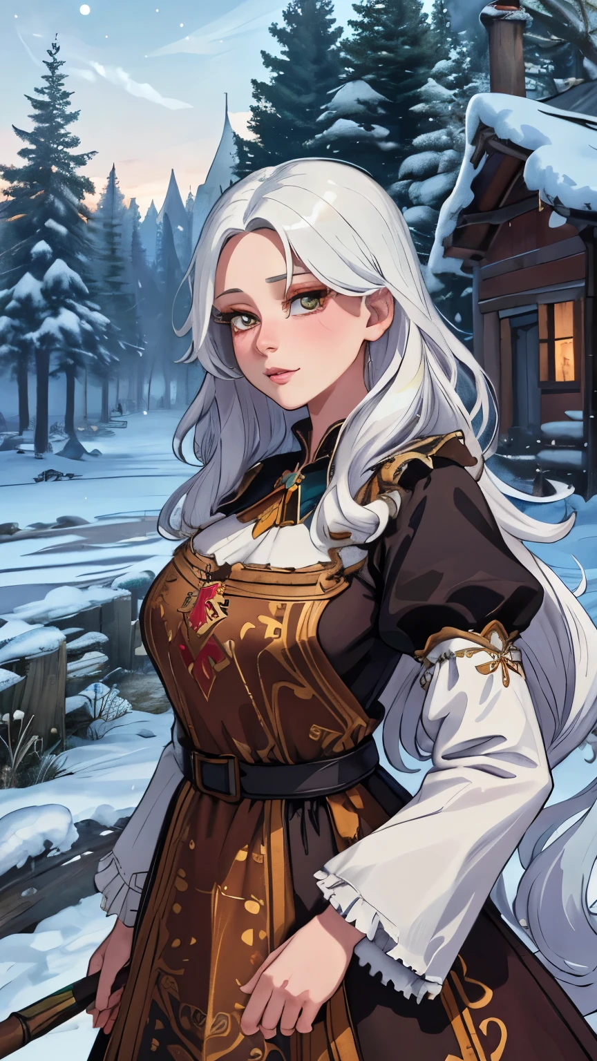 (extremely detailed CG unity 4k wallpaper),(masterpiece),(best quality),(ultra-detailed),(best illustration),(best shadow),(absurdres),(Detailed background),Russian Woman, Very Very Long snow-white hair, Pale Skin, Glowing Golden eyes, Long eyelashes, medium breasts, Simple modest Russian peasant dress, Forest with cute Cottage in the background,