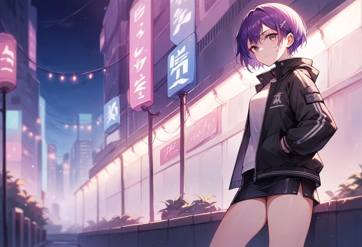 1 girl with short purple hair, standing in the middle of the night city, with lights (a bit blurry), wearing a black jacket, Short skirt (HD wallpaper)