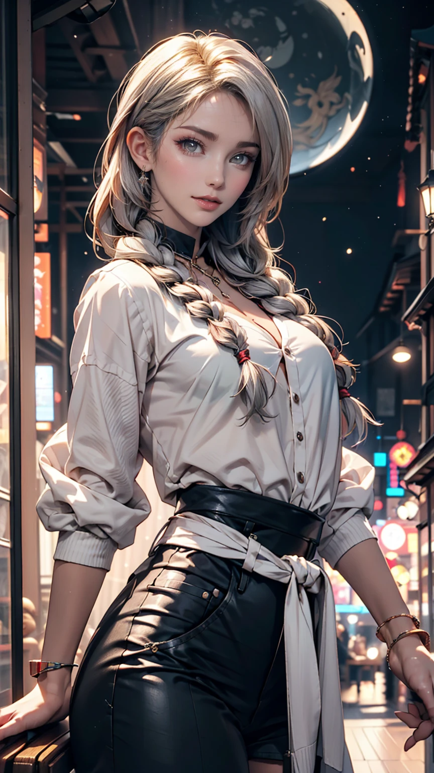 24-year-old woman、Multi braid((multiple braids))、Silver Hair、Sexy proportions、Narrow waist、Galileo Galilei's Residence、Observation equipment(Medieval telescope、Medieval terrestrial globe)There are many of them.