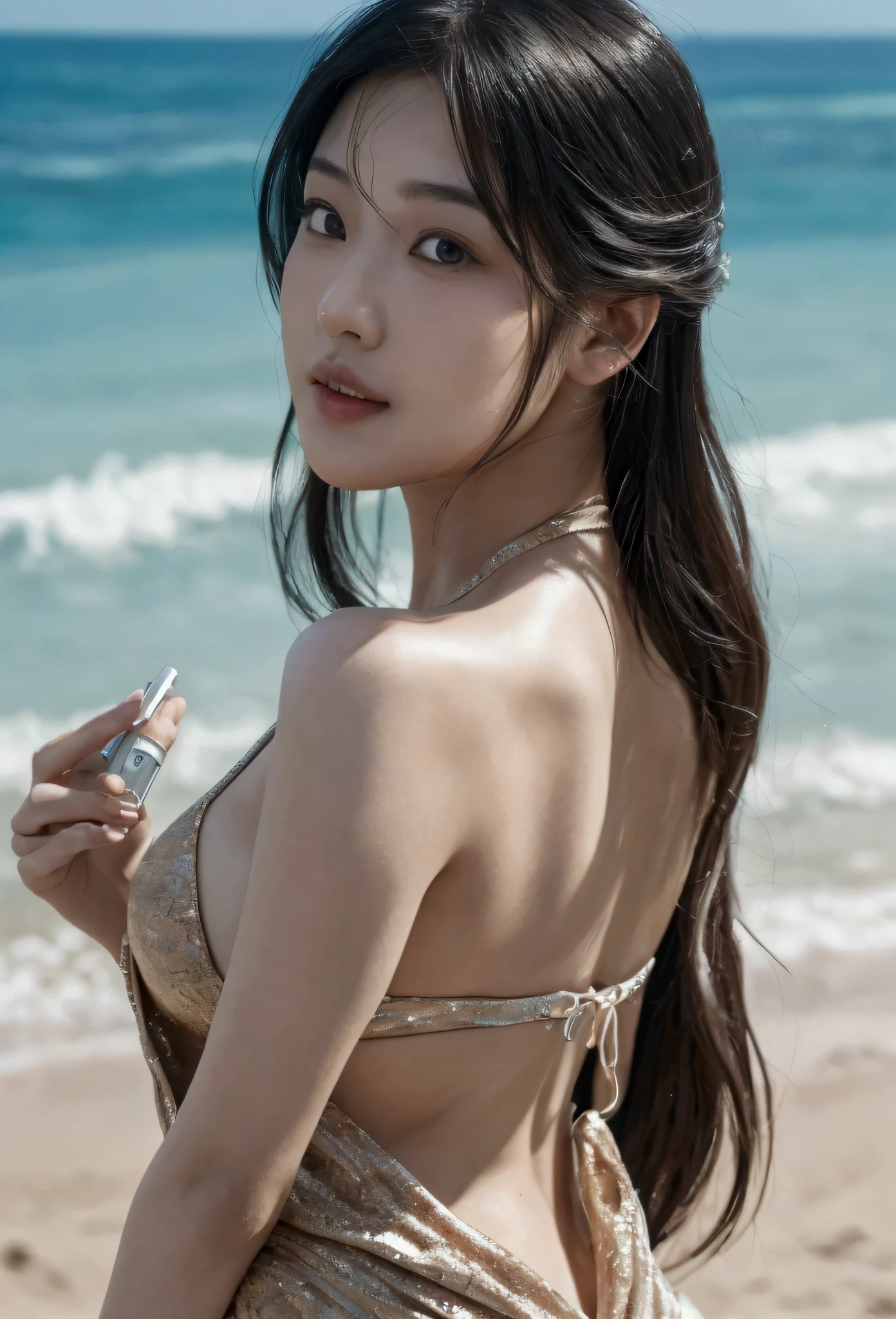 plan eloignée, a beautiful asian girl walking down on a beach in bikini, camera view from her back, detailed facial features, high quality detailed skin, detailed dress, street scenery, realistic lighting, 8k, hyper detailed, photorealistic, beautiful detailed eyes, beautiful detailed lips, extremely detailed eyes and face, long eyelashes, realistic, photorealistic, photo-realistic:1.37, best quality, 8k, highres, masterpiece:1.2, ultra-detailed, hyper-realistic, cinematic lighting, moody intricate details, cinematic composition,realistic, photorealistic, 8k, best quality, masterpiece, ultra-detailed, physically-based rendering, professional, plan eloignéé,ultra detailed background, ultra detailed face, real asian, , Realistic Skin Texture, Texture, Detailed Eyes, texture, maximun detail on the background, no blurring
