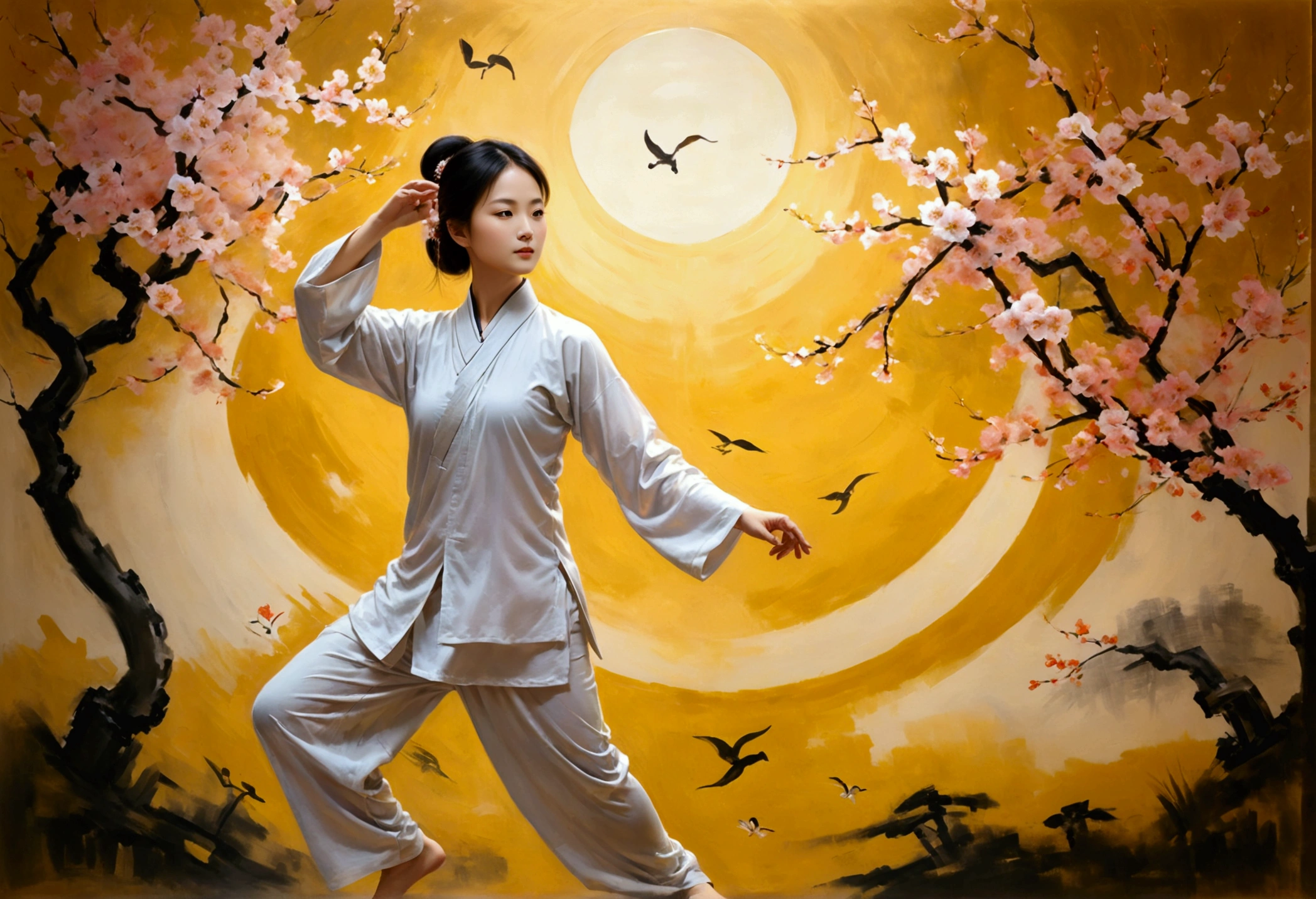 Create a world-class masterpiece that intertwines the elegance of Tai Chi with the simplicity and beauty of everyday life. Imagine a serene park at dawn, where an graceful girl gracefully practices Tai Chi under a blossoming cherry tree, his movements fluid and harmonious. Nearby, a family enjoys a peaceful morning, children playing and adults engaging in gentle conversation. The scene is imbued with a sense of balance and tranquility, capturing the essence of Tai Chi’s philosophy in the context of daily living. The artwork should blend traditional Chinese painting techniques with contemporary realism, emphasizing the harmony between humans and nature, and the peaceful coexistence of different generations，a warm color palette，Abstract screen，ultra-realistic realism，Clear contour light，rim-light，fanciful，spotlight lights
