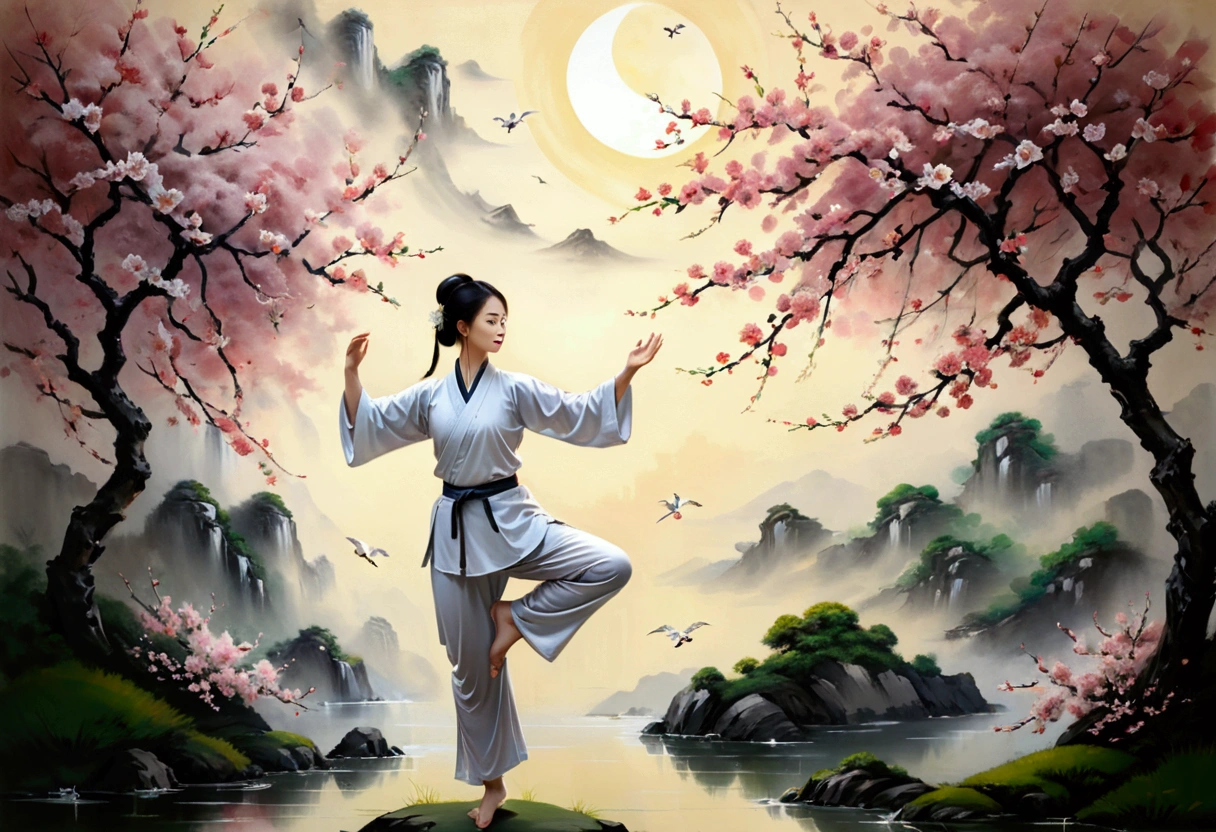 Create a world-class masterpiece that intertwines the elegance of Tai Chi with the simplicity and beauty of everyday life. Imagine a serene park at dawn, where an graceful girl gracefully practices Tai Chi under a blossoming cherry tree, his movements fluid and harmonious. Nearby, a family enjoys a peaceful morning, children playing and adults engaging in gentle conversation. The scene is imbued with a sense of balance and tranquility, capturing the essence of Tai Chi’s philosophy in the context of daily living. The artwork should blend traditional Chinese painting techniques with contemporary realism, emphasizing the harmony between humans and nature, and the peaceful coexistence of different generations，a warm color palette，Abstract screen，ultra-realistic realism，Clear contour light，rim-light，fanciful，spotlight lights
