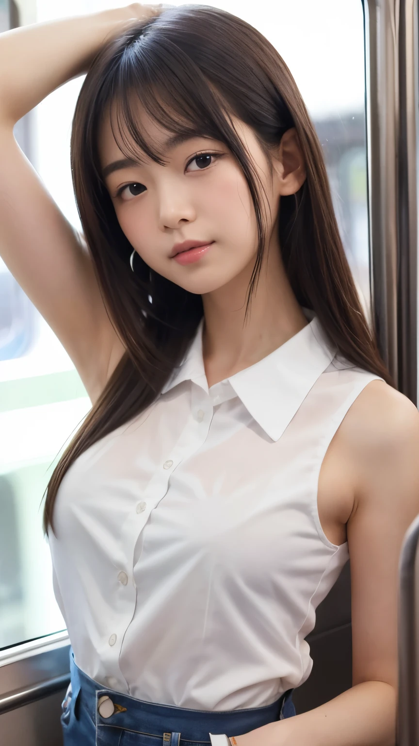 (masterpiece:1.2), Highest quality, High resolution, Realistic, 1 Japanese girl, , Small breasts, thin ,like々New Appearance, ((Wearing a sleeveless shirt)), (汗ばんだShow your armpits), Upper Body, Hold on to the railing of a train, Show your armpits, (avert your eyes:1.4), (Inside the train:1.3), (Crowded train:1.3),  Upper Body, (White shirt:1.5)