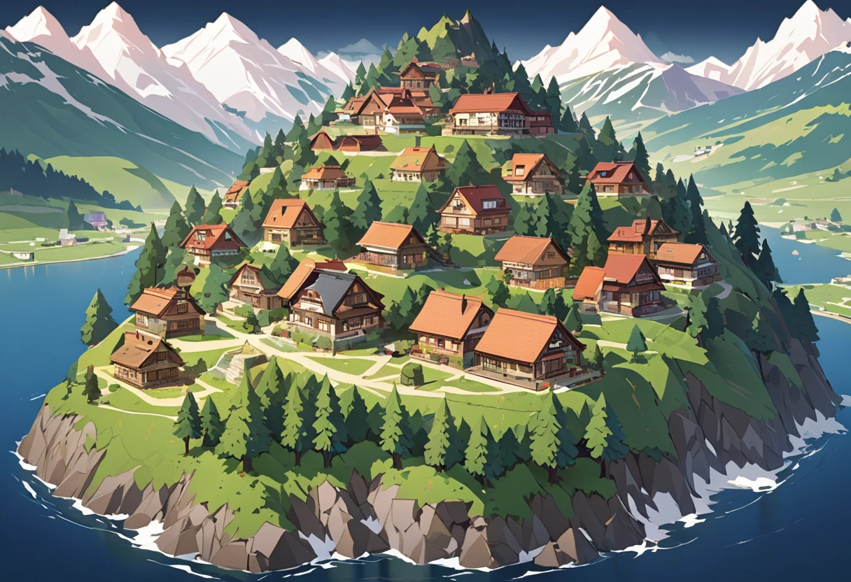 A map me total of 30 houses, 4 trees,A mountain, A house on top of the mountain"