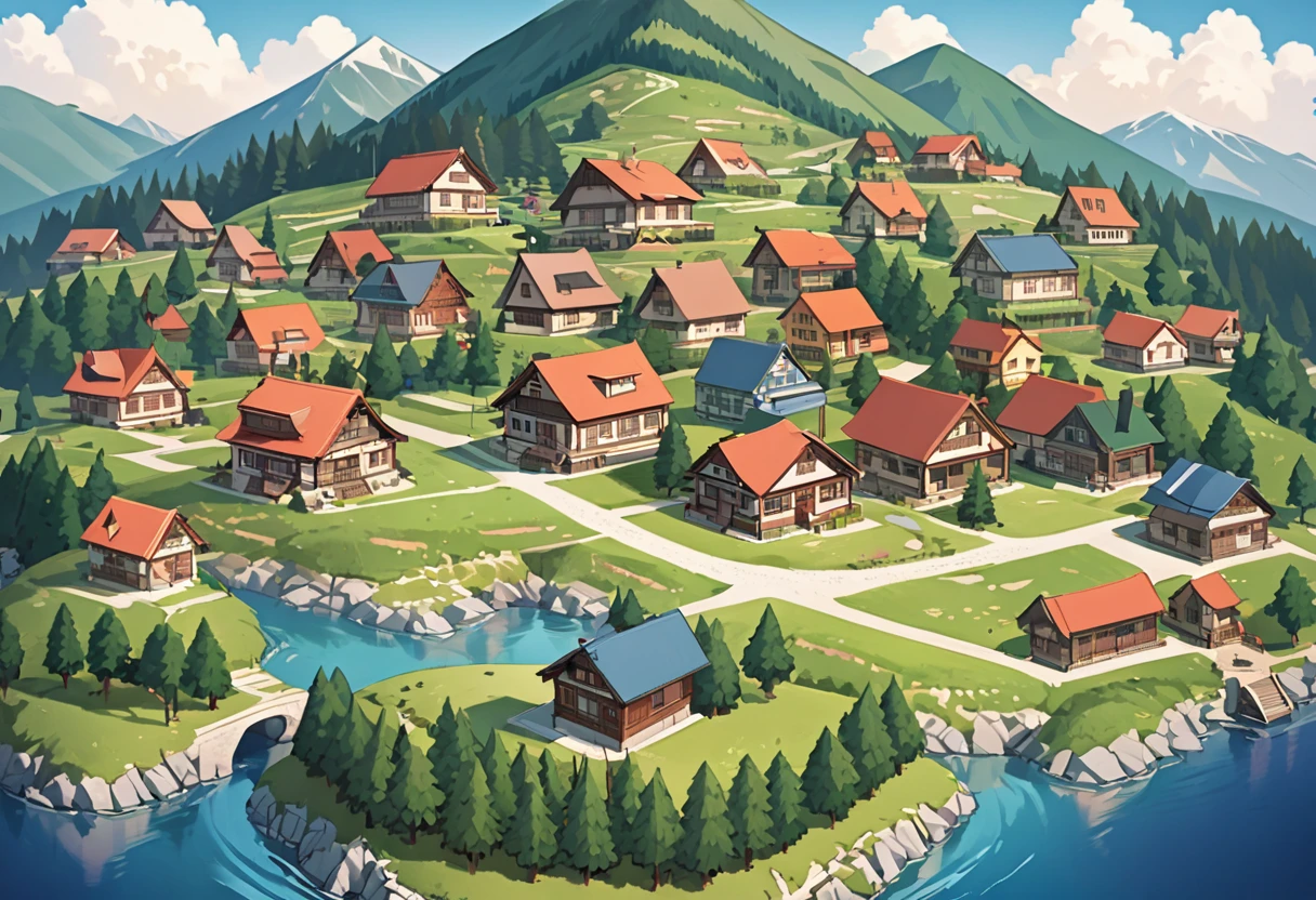A map me total of 30 houses, 4 trees,A mountain, A house on top of the mountain"