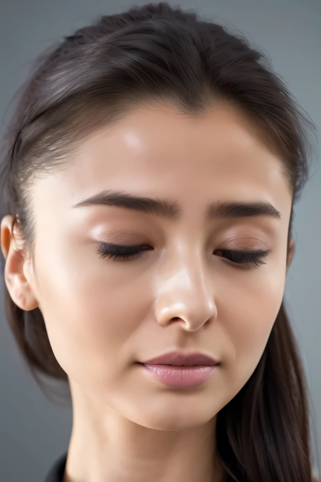 Taylor Hill、High resolution realistic photos,8k,Realistic skin texture,to be born々New People々々々々,1 girl,Tabletop,,Awards - Winning Photos, Very detailed, Close your eyes, Nose and mouth,Face Focus, Extreme close up of face、Woman with open mouth and closed eyes, Black camisole、20-year-old,Black-haired、Symmetrical face,Realistic nostrils、Angle from below、Elongated C-shaped nostrils,((Gray background))、Sweaty skin、Lighting that highlights glowing skin caused by sweat、((Sharp Nose))Skin shiny with sweat、Glowing Skin、Sweaty hair、sunlight、(Brow wrinkles)((Frowning))、((Thin eyebrows))((Oily skin、Glowing Skin))、double eyelid、Tied Hair、updo、Lift your head((Super wet skin))(((Profile with a wide nasal septum,nasal septum,profile)))