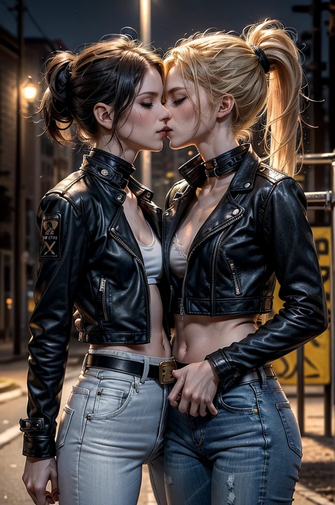 (Detailed illustrations, Very detailed and detailed drawing, Delicate lines with slow and rapid, Realistic texture expression), Two women with long blond or ginger hair, ponytail or messy hair, (((passionate kissing))), kiss, (((eyes closed))), (((closed eyes))), erotic, (((one girl is touching the other sensually and grabbing her crotch))), ((intimate)), ((hand in pants)), ((fingering navel)), ((empty street playground background with graffiti)), (((night time, street light))), standing in the street, (((very skinny figure, very thin waist, very narrow hips, very slim legs, large breast, athletic body))), lesbian, punk, ((white bra)), exposed midriff, (((high waist jeans))), ((navel piercing)), strong abs, ((black collars)), ((((small open leather jacket)))), ((black or brown leather belt)), fingering