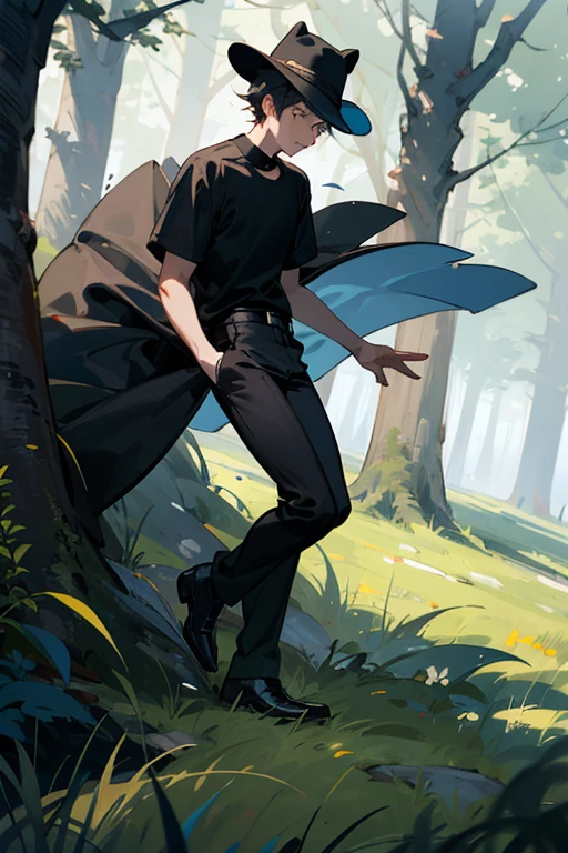 Forest with grass and trees at night with a young man on his back dressed in a black t-shirt, black pants, black dress shoes and black hat