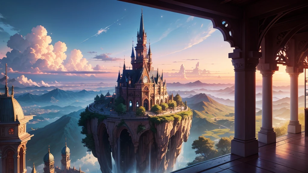 Anime Style,Detailed background,Magical World,Distant view from the balcony