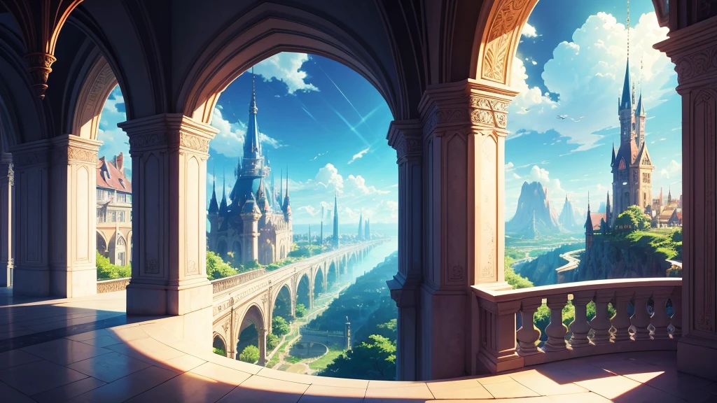 Anime Style,Detailed background,Magical World,Distant view from the balcony