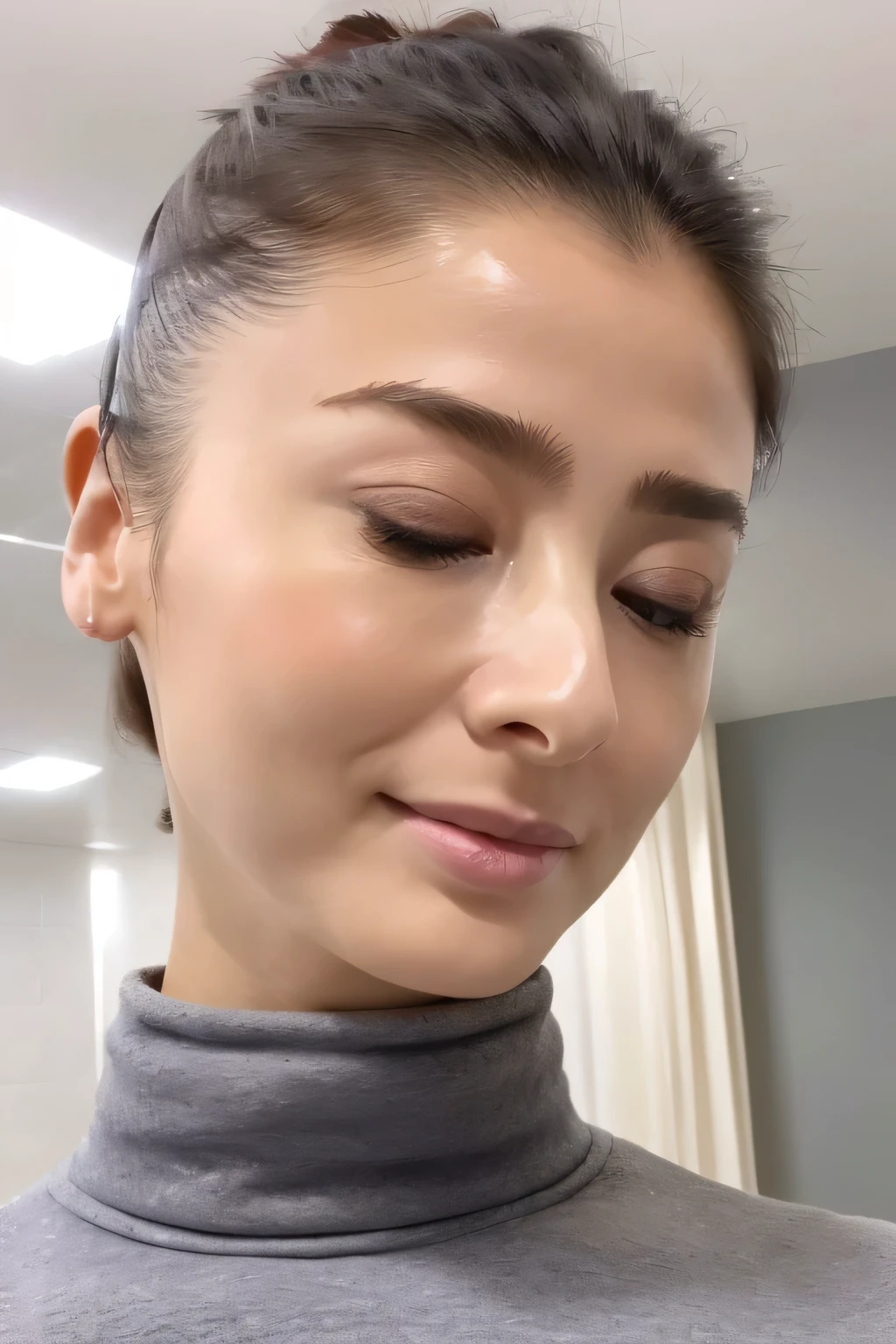 Taylor Hill、High resolution realistic photos,8k,Realistic skin texture,to be born々New People々々々々,1 girl,Tabletop,,Awards - Winning Photos, Very detailed, Close your eyes, Nose and mouth,Face Focus, Extreme close up of face、Woman with open mouth and closed eyes, Black camisole、20-year-old,Black-haired、Symmetrical face,Realistic nostrils、Angle from below、Elongated C-shaped nostrils,((Gray background))、Sweaty skin、Lighting that highlights glowing skin caused by sweat、((Sharp Nose))Skin shiny with sweat、Glowing Skin、Sweaty hair、sunlight、(Brow wrinkles)((Frowning))、((Thin eyebrows))((Oily skin、Glowing Skin))、double eyelid、Tied Hair、updo、Lift your head((Super wet skin))(((Profile with a wide nasal septum,nasal septum,profile)))
