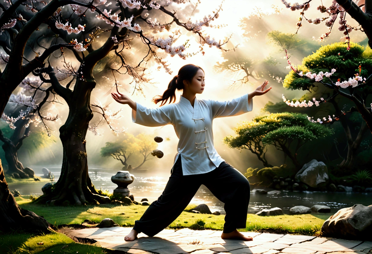 Create a world-class masterpiece that intertwines the elegance of Tai Chi with the simplicity and beauty of everyday life. Imagine a serene park at dawn, where an graceful girl gracefully practices Tai Chi under a blossoming cherry tree, his movements fluid and harmonious. Nearby, a family enjoys a peaceful morning, children playing and adults engaging in gentle conversation. The scene is imbued with a sense of balance and tranquility, capturing the essence of Tai Chi’s philosophy in the context of daily living. The artwork should blend traditional Chinese painting techniques with contemporary realism, emphasizing the harmony between humans and nature, and the peaceful coexistence of different generations,a warm color palette,Abstract screen,ultra-realistic realism,Clear contour light,rim-light,fanciful,spotlight lights