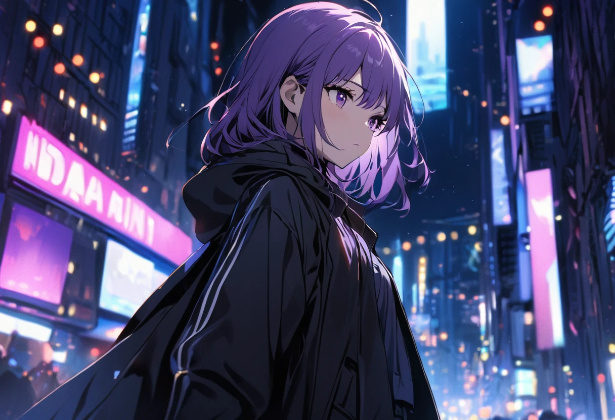 1 girl with short purple hair, standing in the middle of the night city, with lights (a bit blurry), wearing a black jacket, (HD wallpaper)