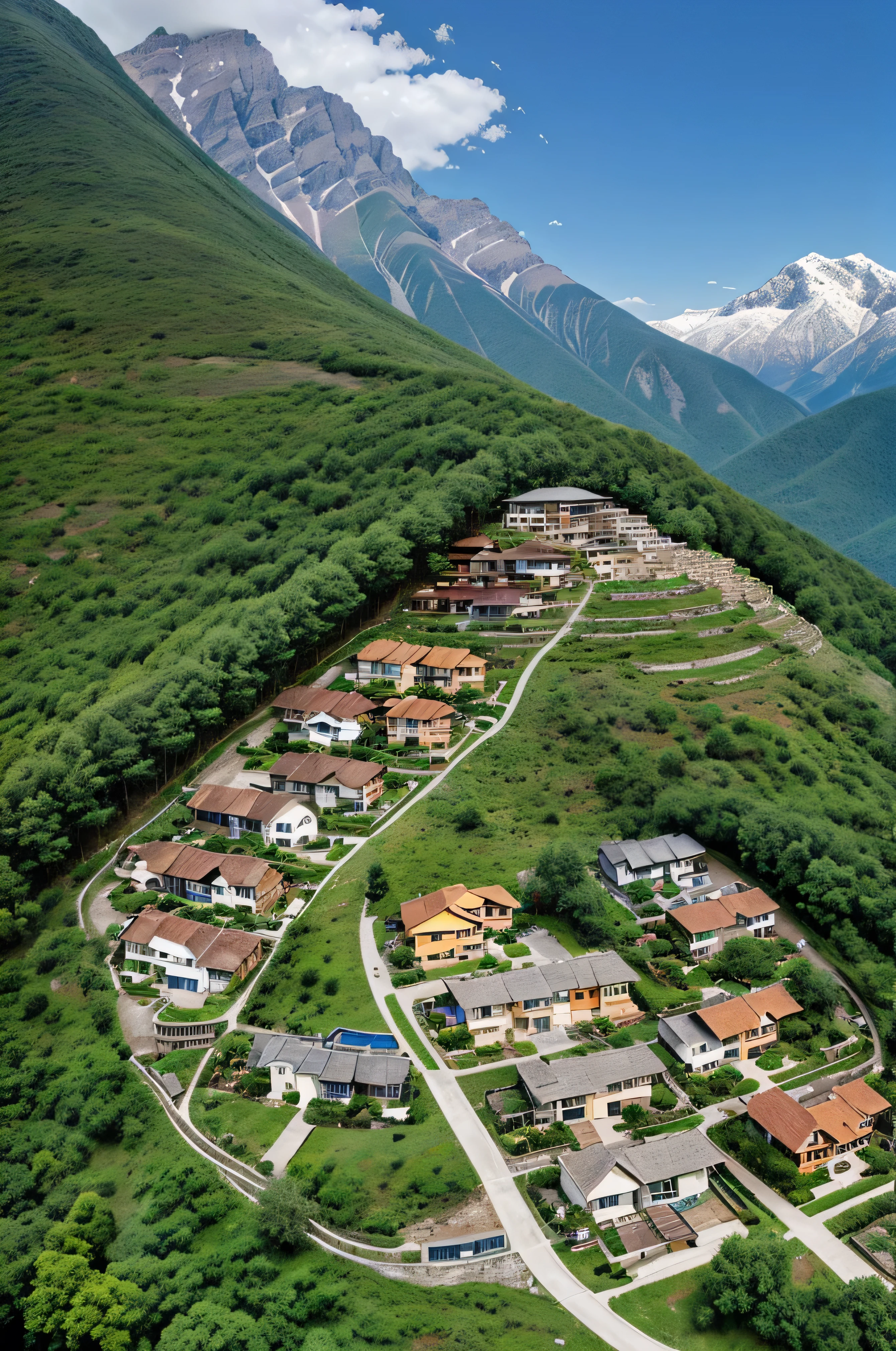 A map me total of 30 houses, 4 trees,A mountain, A house on top of the mountain"