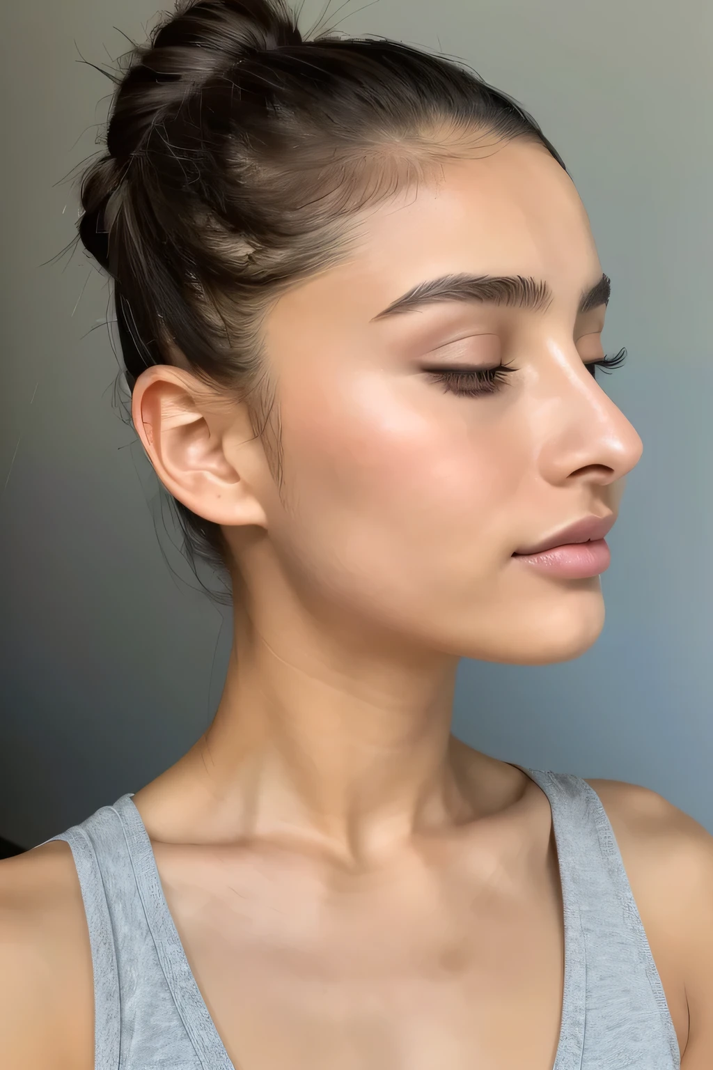 Taylor Hill、High resolution realistic photos,8k,Realistic skin texture,to be born々New People々々々々,1 girl,Tabletop,,Awards - Winning Photos, Very detailed, Close your eyes, Nose and mouth,Face Focus, Extreme close up of face、Woman with open mouth and closed eyes, Black camisole、20-year-old,Black-haired、Symmetrical face,Realistic nostrils、Angle from below、Elongated C-shaped nostrils,((Gray background))、Sweaty skin、Lighting that highlights glowing skin caused by sweat、((Sharp Nose))Skin shiny with sweat、Glowing Skin、Sweaty hair、sunlight、(Brow wrinkles)((Frowning))、((Thin eyebrows))((Oily skin、Glowing Skin))、double eyelid、Tied Hair、updo、Lift your head((Super wet skin))(((Profile with a wide nasal septum,nasal septum,profile)))