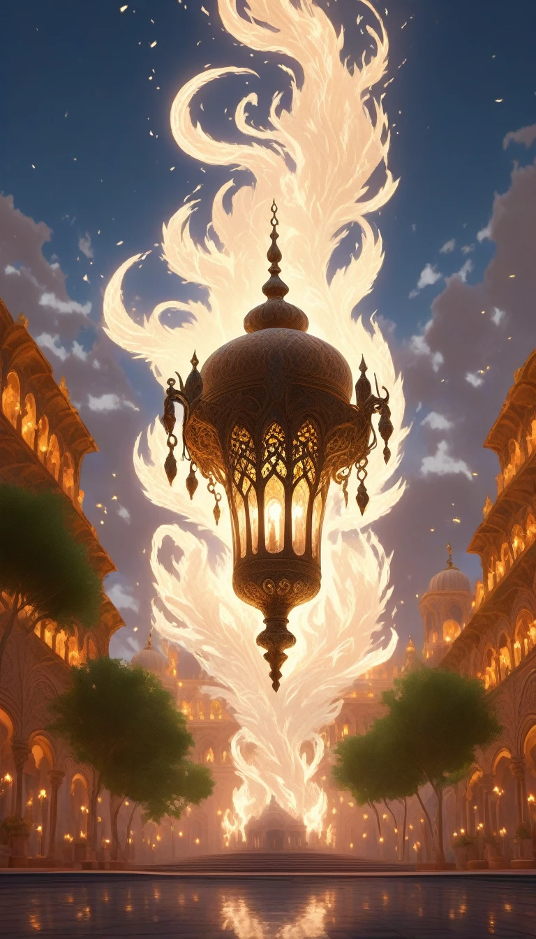 Create a digital artwork that captures the mystical and enigmatic presence of a Jinn in a Middle Eastern setting. The Jinn should be depicted as an ethereal, smoke-like figure emerging from an ancient, ornate lamp. Its form should be semi-transparent, with swirling patterns of smoke and magical energy, and glowing eyes that convey both wisdom and mystery.
The setting should be a luxurious, opulent Middle Eastern palace or desert oasis under a starry night sky. Include elements like intricate mosaics, elegant arches, and lush gardens with palm trees and fountains. The background should feature the warm glow of lanterns and candles, casting a magical ambiance over the scene.
Focus on hyper-detailed textures, such as the Jinn’s swirling form, the intricate design of the lamp, and the rich patterns of the palace decor. The lighting should be dynamic, with the glow from the lamp illuminating the Jinn and casting mystical shadows. The atmosphere should evoke a sense of wonder, enchantment, and ancient magic.
Render the entire scene in super-realistic, hyper-detailed 4k resolution, ensuring that every element, from the Jinn’s ethereal form to the luxurious Middle Eastern setting, contributes to the overall sense of magical allure and mystic power. strong contrast, high level of detail, best quality, masterpiece, extremely high-resolution details, photographic, realism pushed to extreme, fine texture, incredibly lifelike