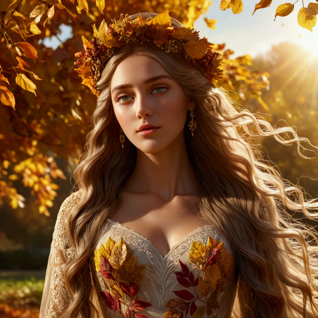 a goddess of harvest, detailed face and eyes, long flowing hair, beautiful detailed dress, elegant and graceful pose, intricate floral crown, autumn landscape, golden sunlight, vibrant warm colors, detailed texture, (best quality,4k,8k,highres,masterpiece:1.2),ultra-detailed,(realistic,photorealistic,photo-realistic:1.37),cinematic lighting,lush foliage,dramatic shadows