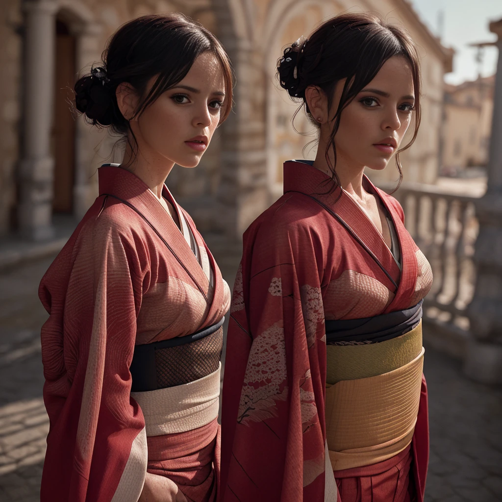 Jortega, Photorealistic mature female, (((south of France))), (((wearing mesh red kimono))), Detailed skin, detailed body, Natural Skin Texture, realistic skin, skin pores, intricate detail, raw photo, lifelike rendering, immersive atmosphere, chiaroscuro, moody lighting, perfect female body, ((mid shot))