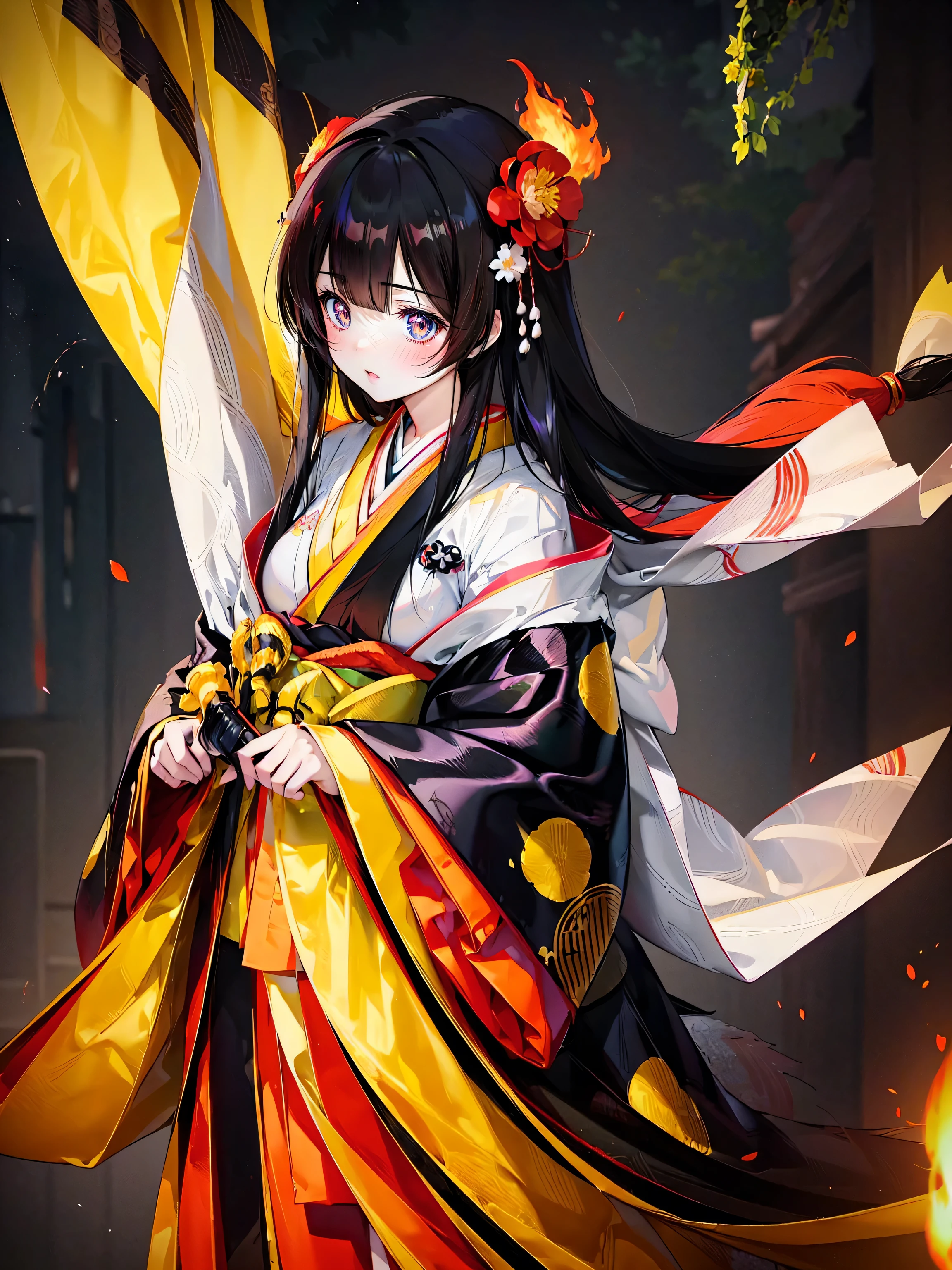 (solo japanese girl:1.3), (Straight long hair, Shiny and glossy black hair:1.3), Karaginu jacket, Long hakama, The cuffs and chest of the five-piece garment, Wearing Imperial Kimono, Imperial Patterns, (huge breasts), (from front), (cowboy shot), (looking up, from below:1.3), ((firework, in night sky:1.3)), ((Superbly detailed drawing, ultra detailed, exquisite quality, absolutely resolution)), (moe animation art style:1.5)