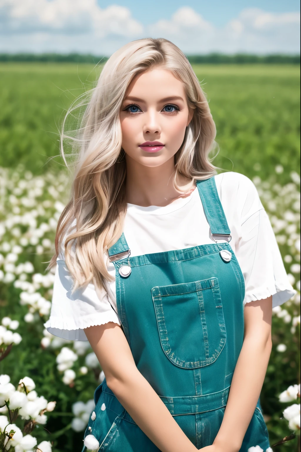 最high quality、high quality、masterpiece、wonderful、Best image quality、8k、A beautiful American girl stands in the endless cotton fields of the Great Plains、Silver Hair、Green Eyes、Overalls